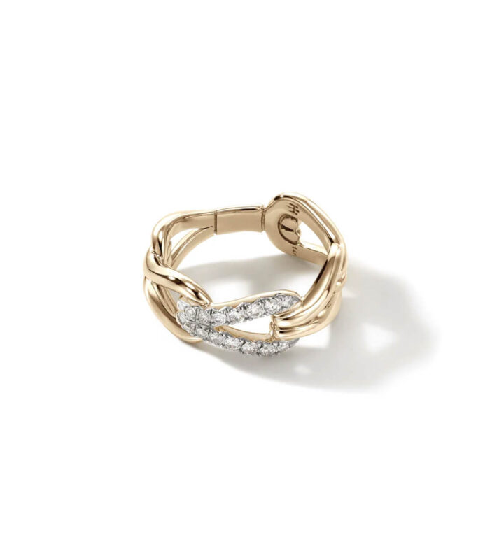 Surf Link Ring, Gold, Diamonds, Wide